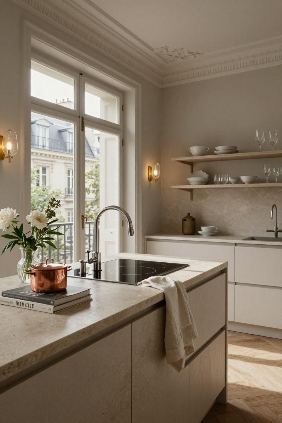 Cozy kitchen with French limestone and Gaggenau induction