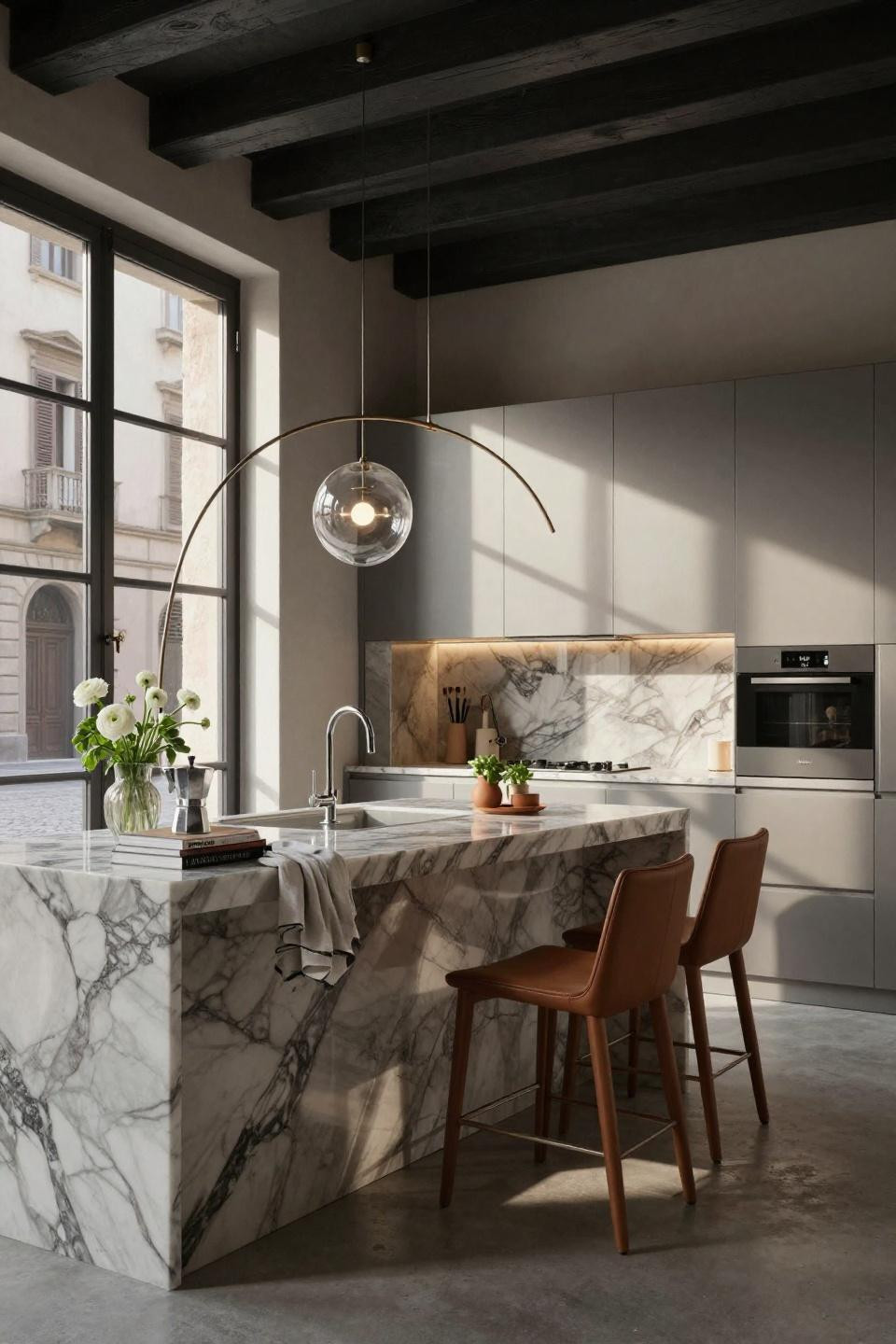 Cozy kitchen with book-matched Calacatta and brushed platinum