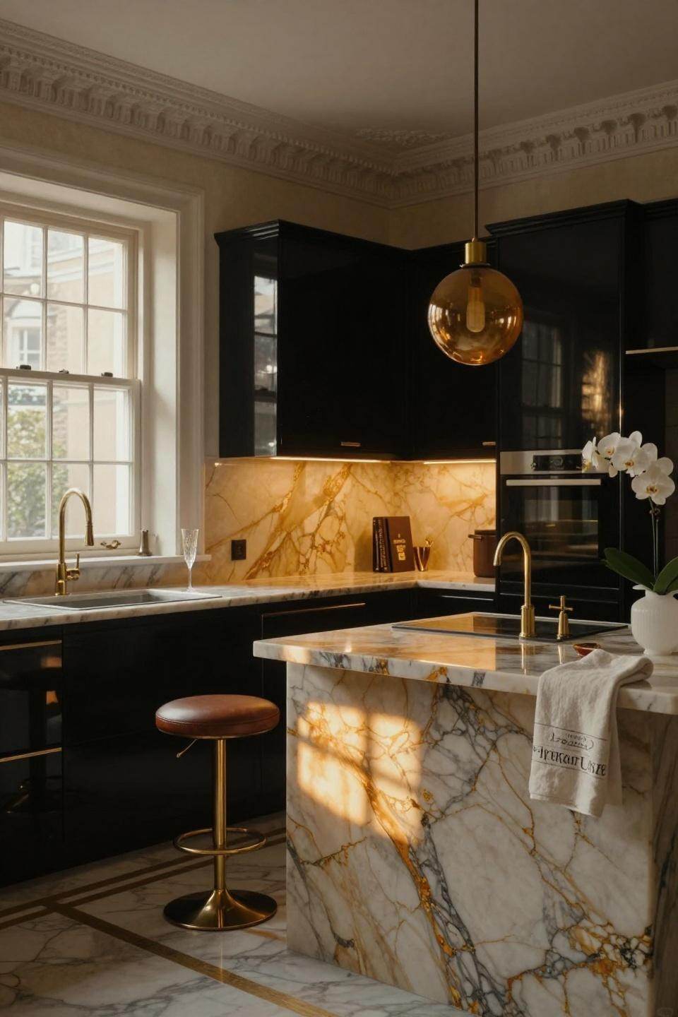 Cozy kitchen with backlit honey onyx and Poliform ebony