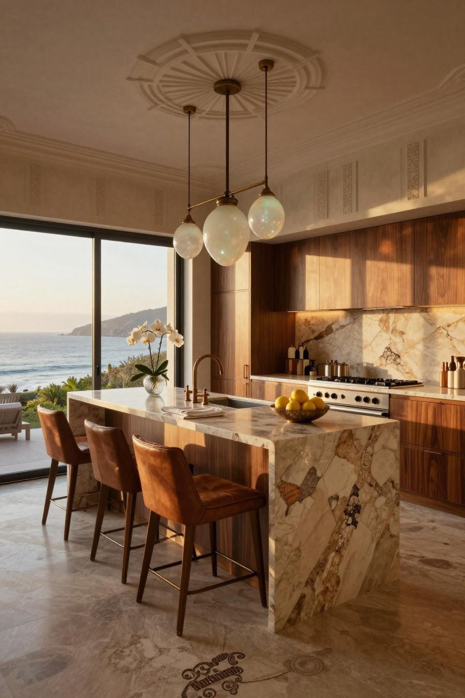 Cozy kitchen with travertine waterfall island and aged bronze