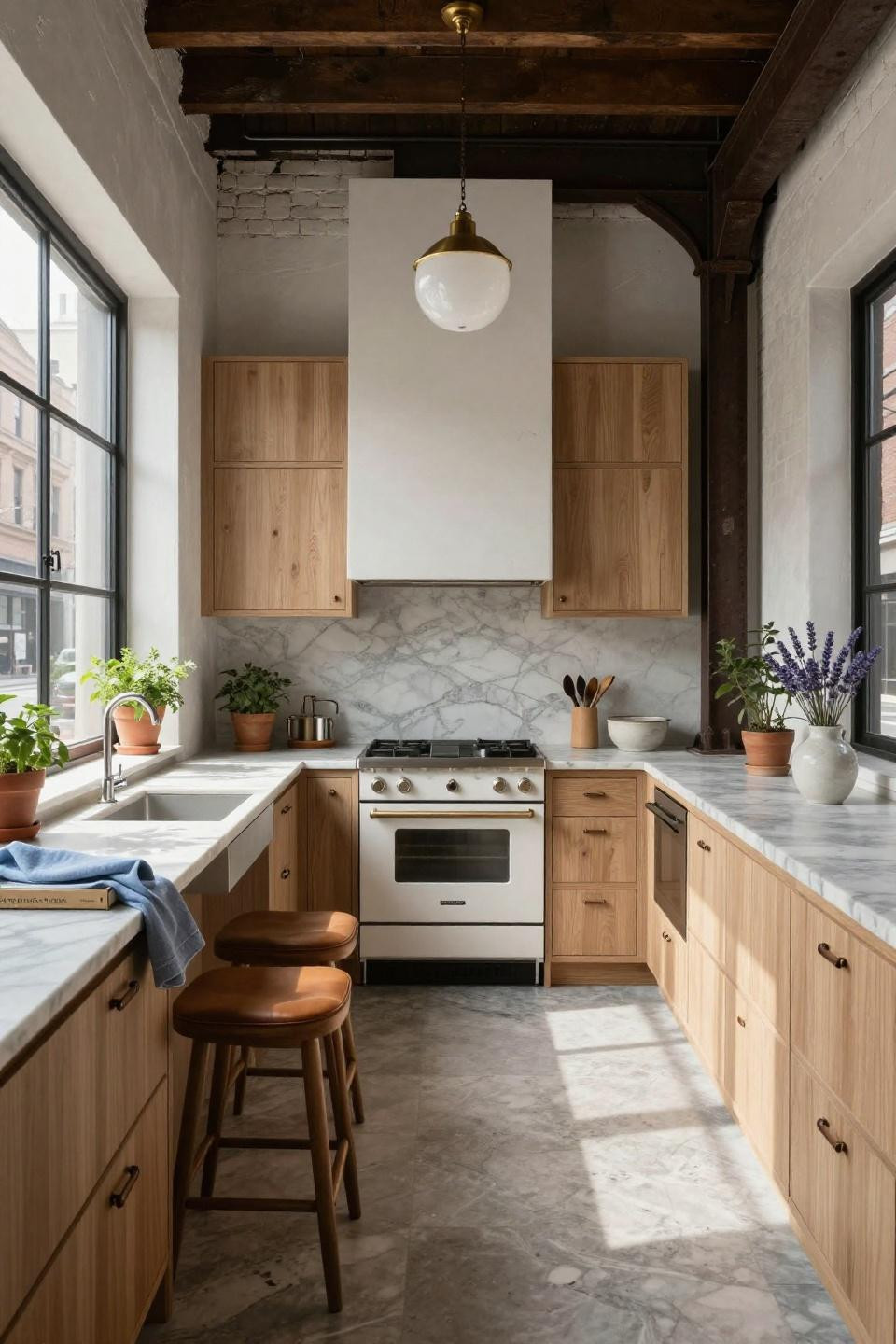 Cozy kitchen with Carrara marble and cerused white oak