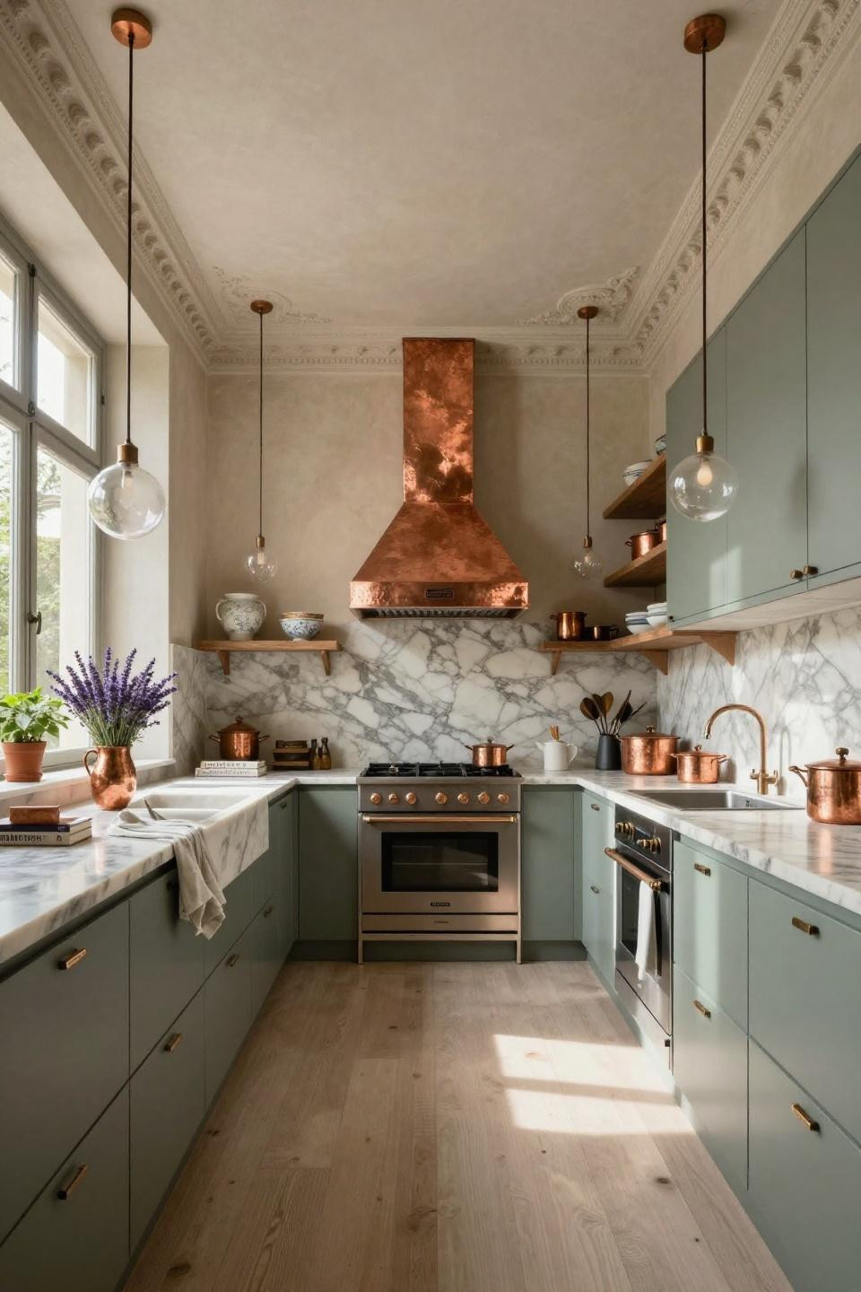Cozy kitchen with quartzite waterfall and aged copper hood