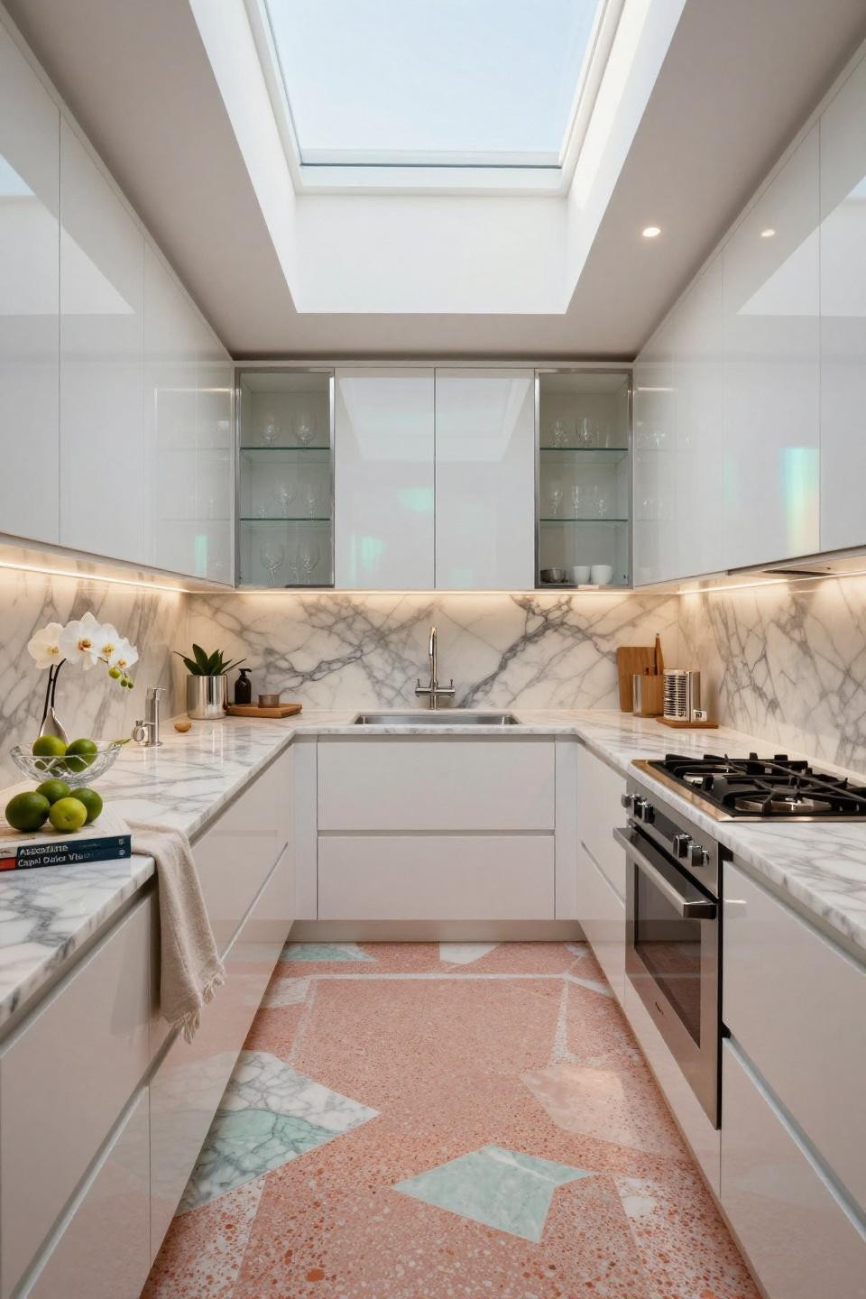 Cozy kitchen with terrazzo Veneziano and polished chrome