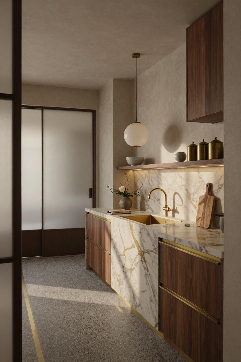 Cozy kitchen with Calacatta Gold marble and Poliform walnut