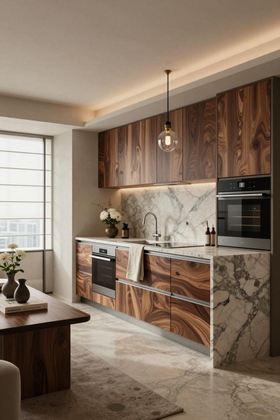 Cozy kitchen with Poliform walnut burl and Carrara marble