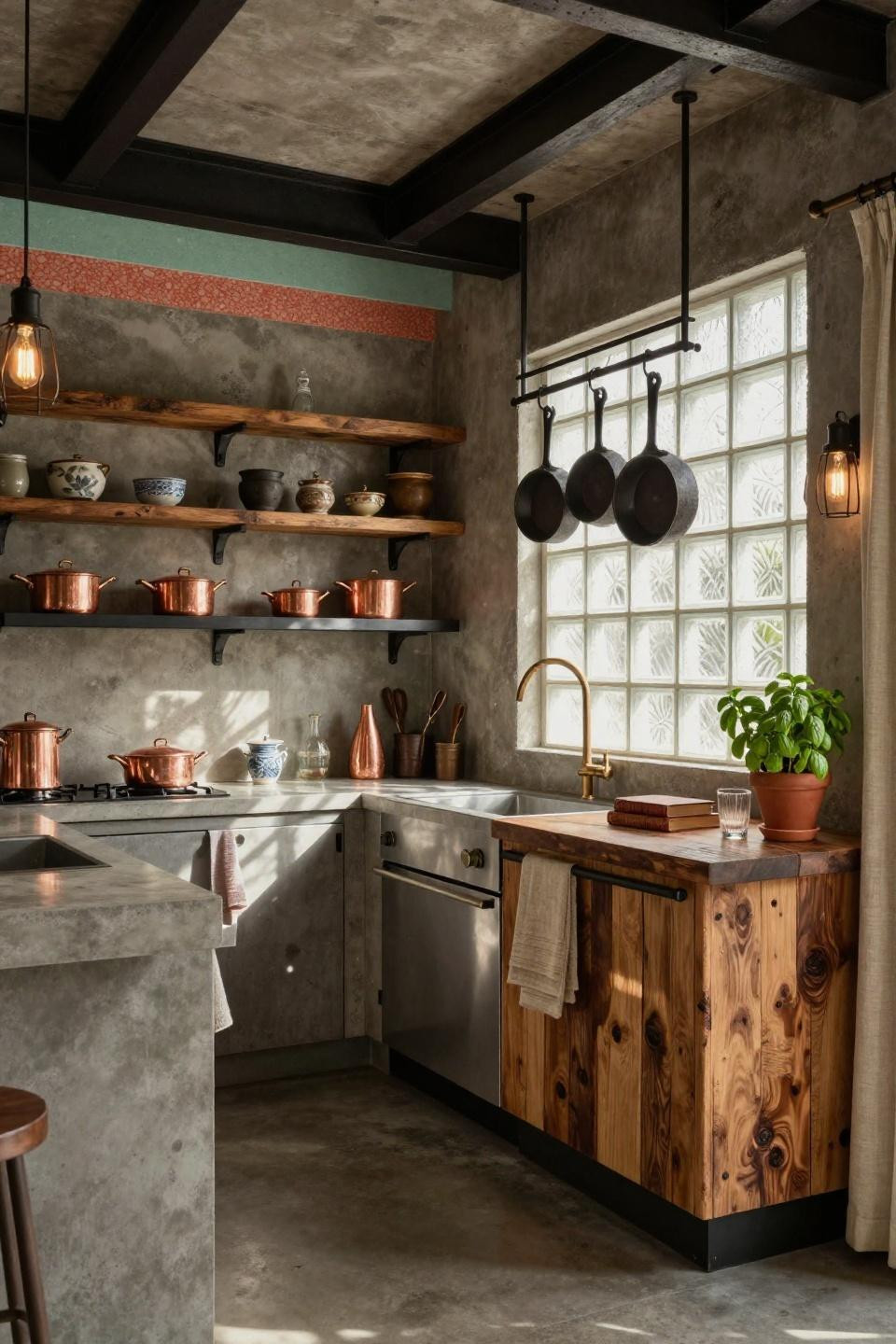Cozy kitchen with polished concrete and reclaimed barnwood