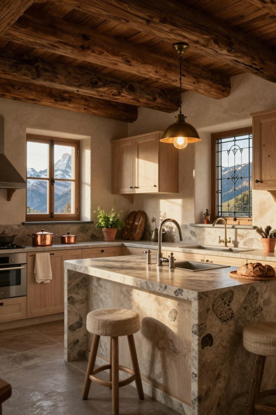 Cozy kitchen with French limestone and cerused oak