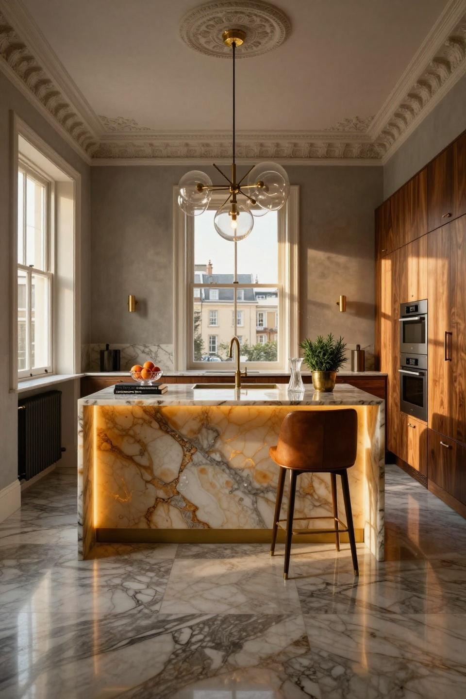 Open kitchen with backlit honey onyx and Poliform cabinetry