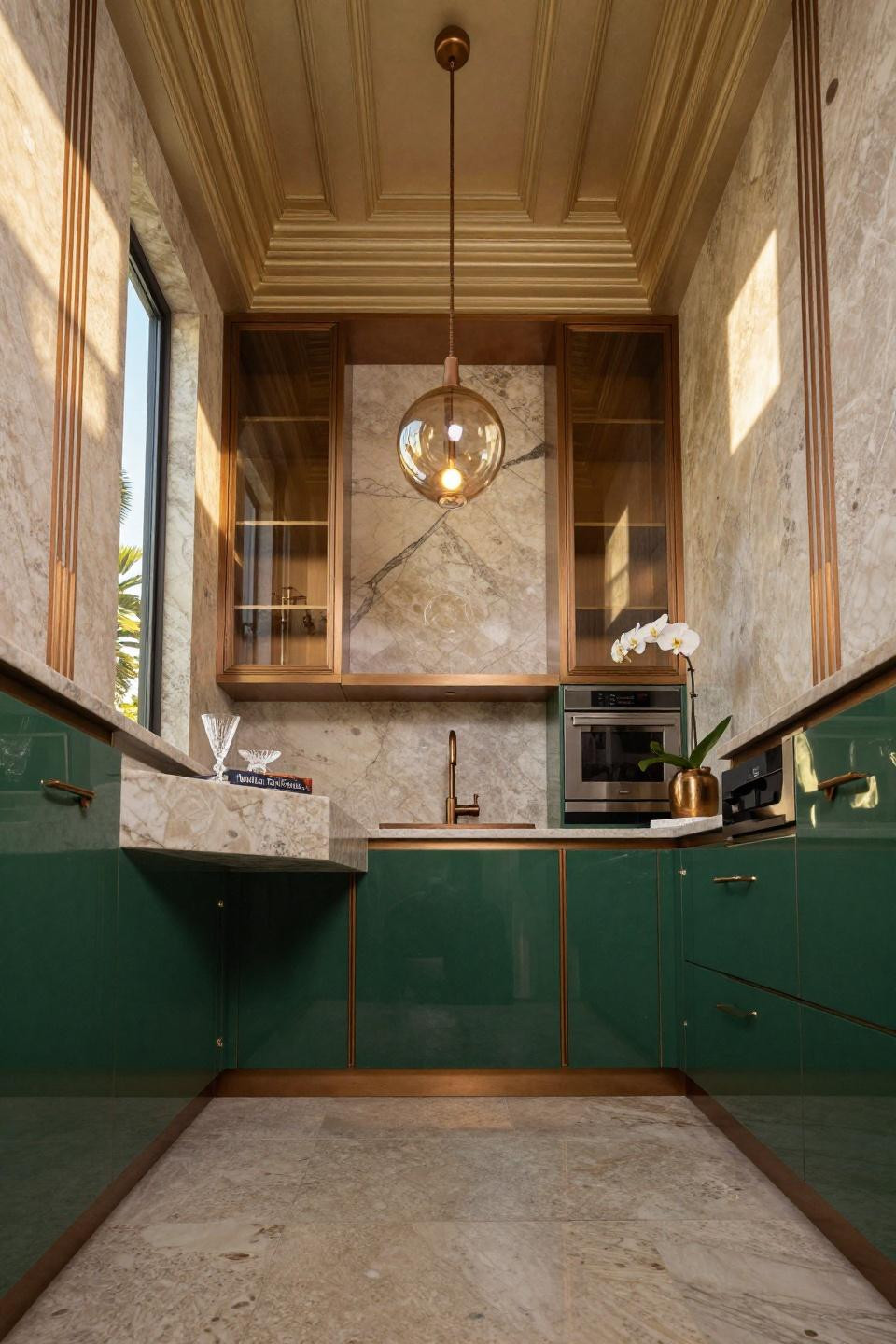 Super small kitchen ideas with cantilevered travertine and bronze