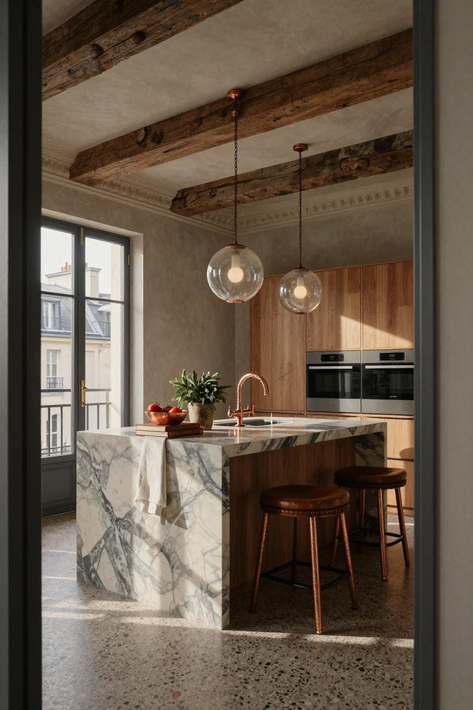 Kitchen ideas for small spaces with quartzite and aged copper