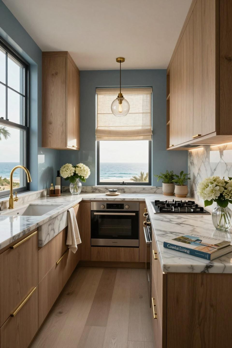 Very small kitchen ideas with Calacatta Gold and brass fixtures