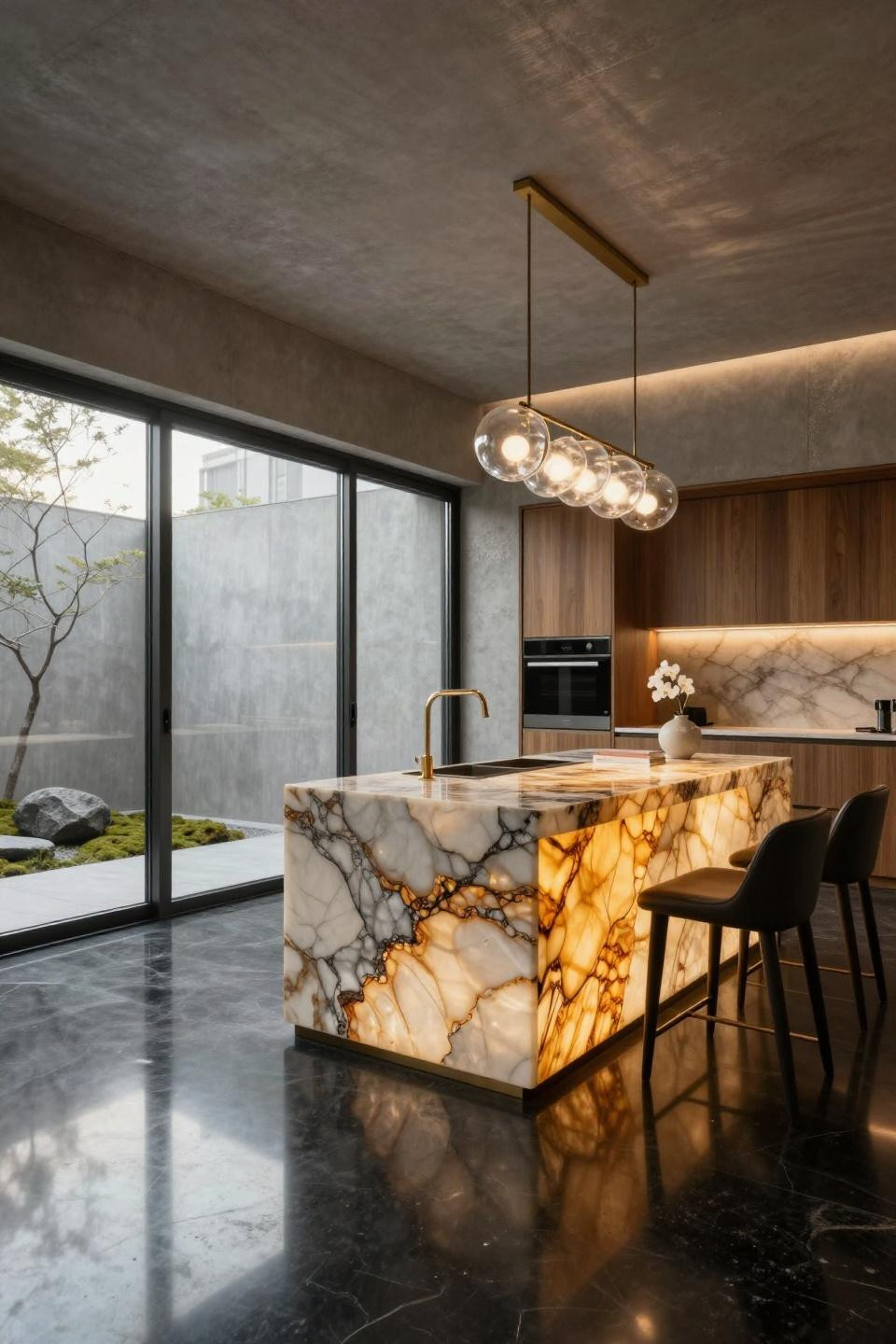 Tiny kitchen design with backlit honey onyx island