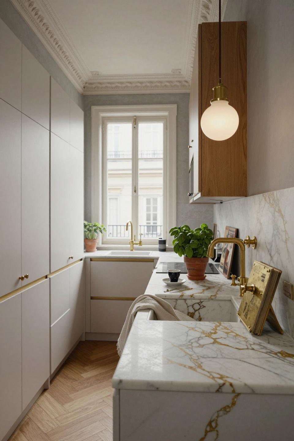 Little kitchen with Calacatta Gold marble and unlacquered brass