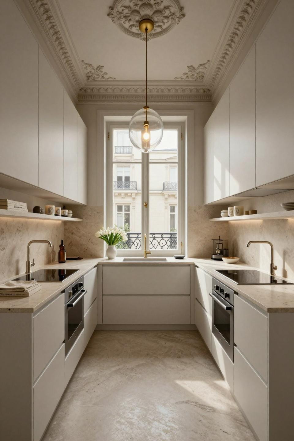 Tiny kitchen ideas with Poliform Varenna limestone and satin nickel