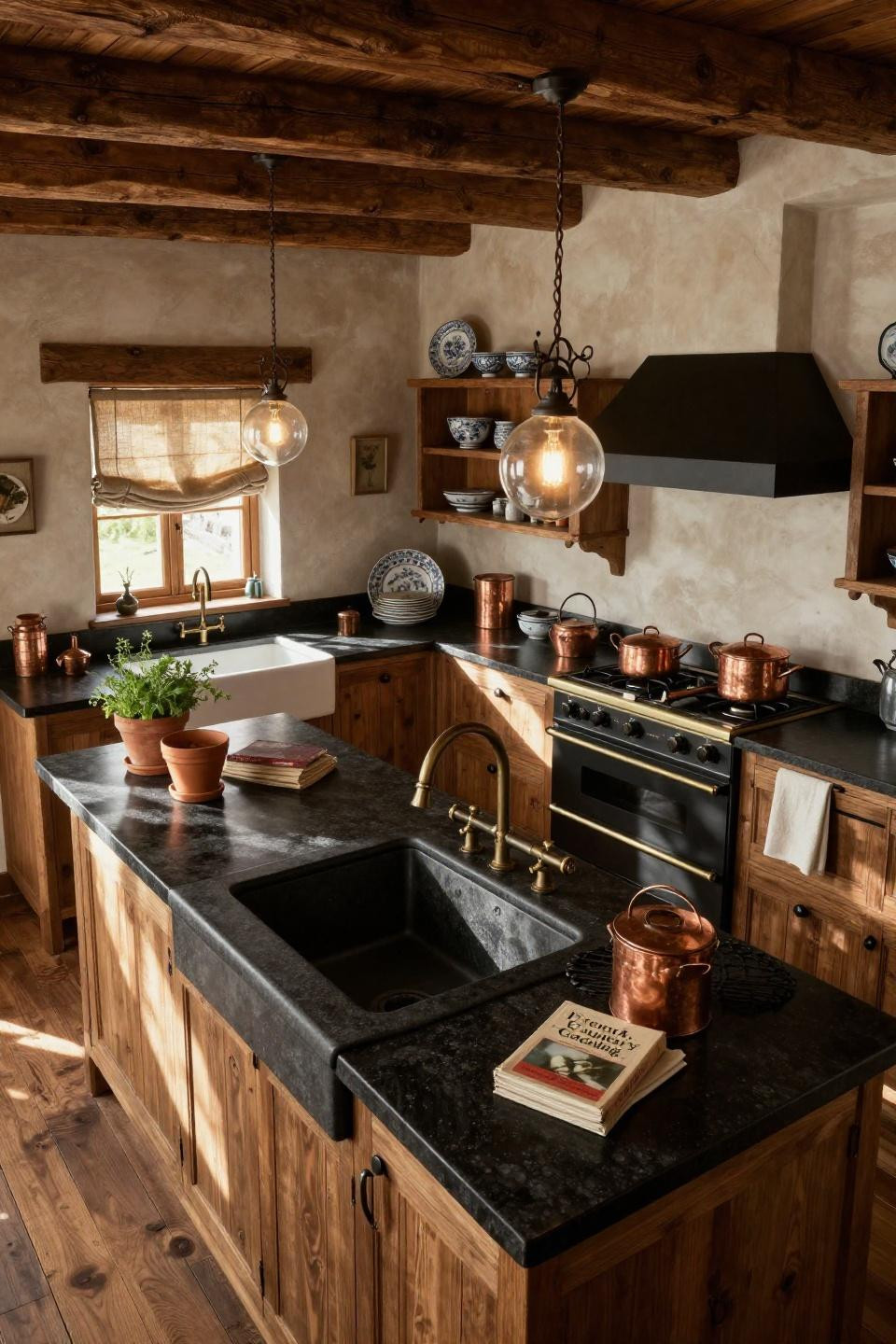 Small Vintage Kitchen featuring fireclay sink and reclaimed timber beams