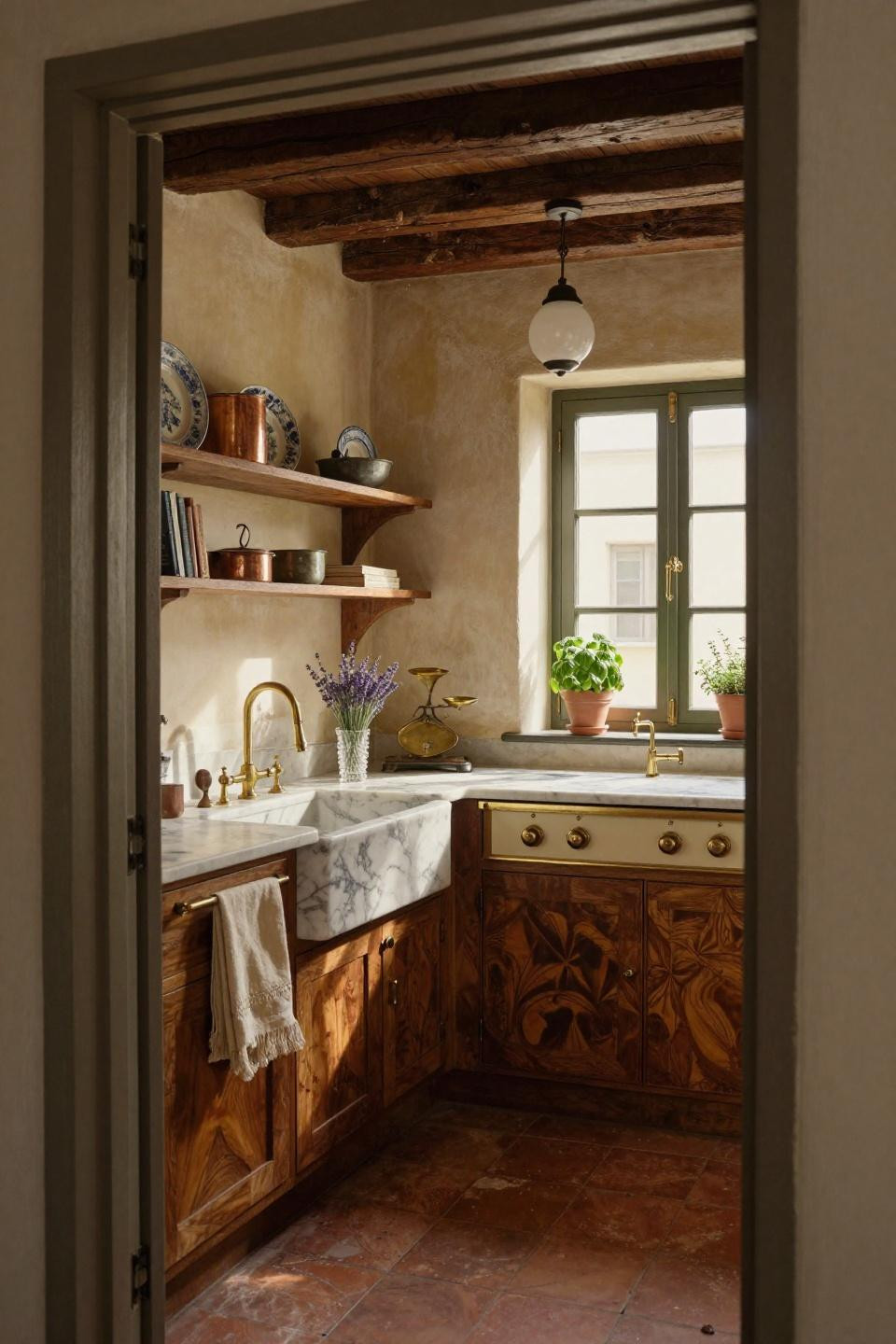 Small Vintage Kitchen with Calacatta Gold marble sink and walnut burl cabinetry