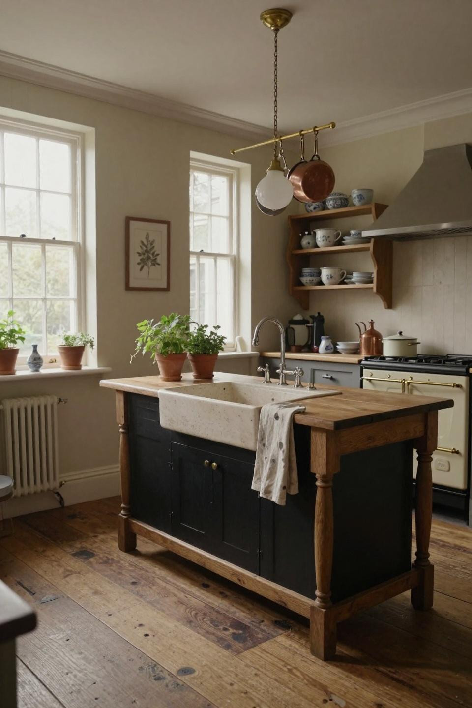 Small Vintage Kitchen with French limestone sink and reclaimed pine shelving