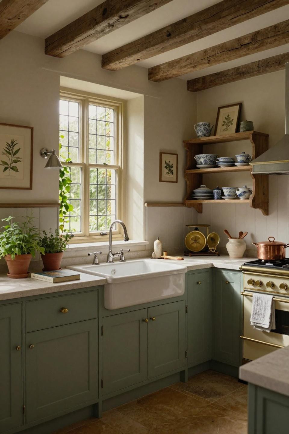 Cottage House Kitchen with Butler sink and hand-painted sage green cabinetry