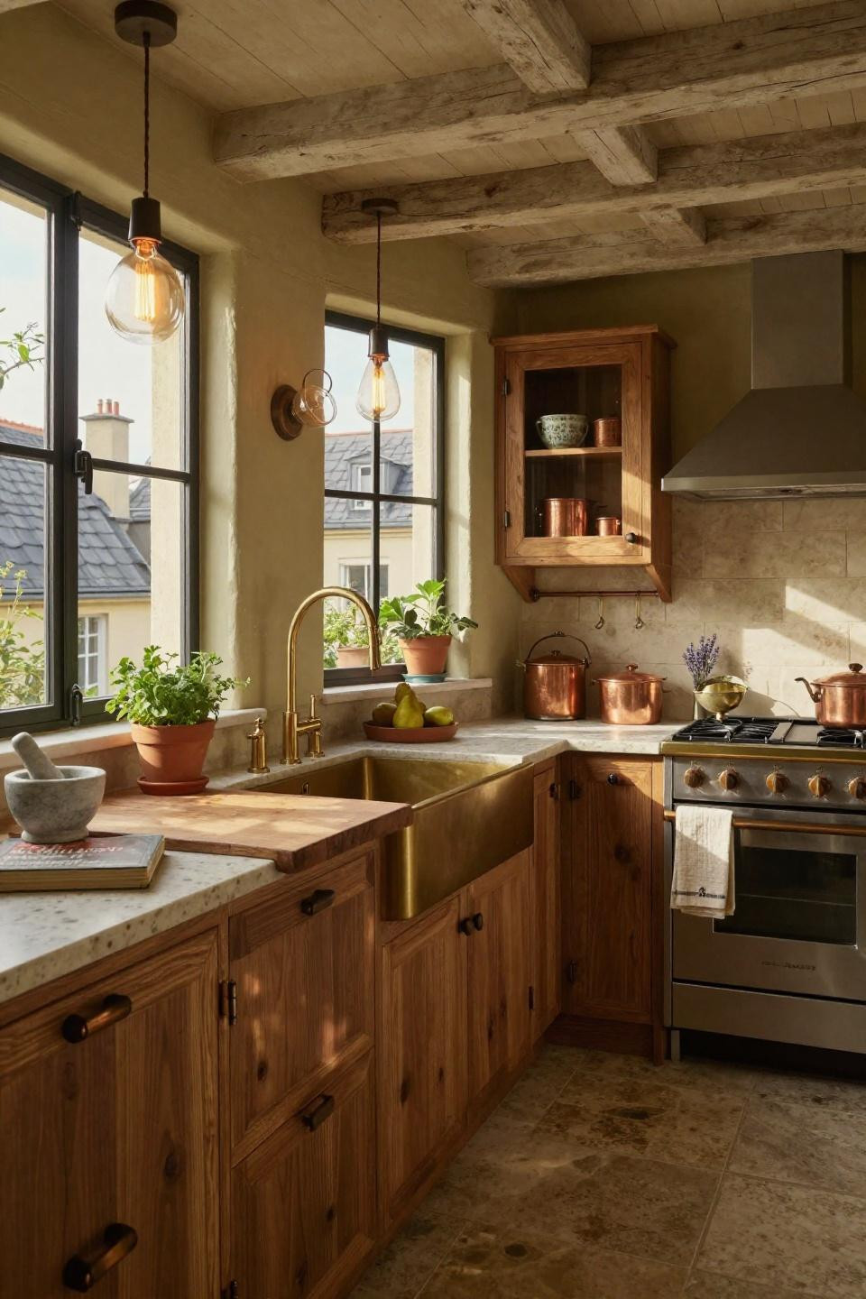 Tiny Cottage Interior featuring brushed bronze fixtures and travertine countertops