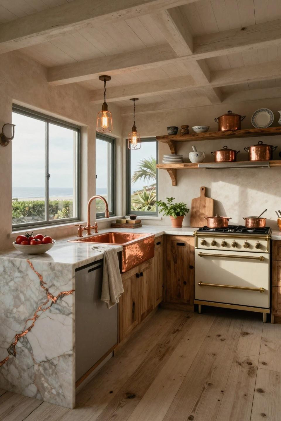 Old Cottage Kitchen with quartzite waterfall countertop and Italian sophistication