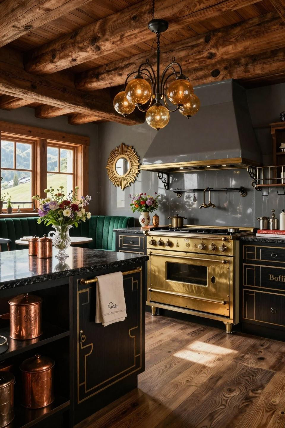 Vintage Cottage Kitchen with La Cornue range and Art Deco brass details