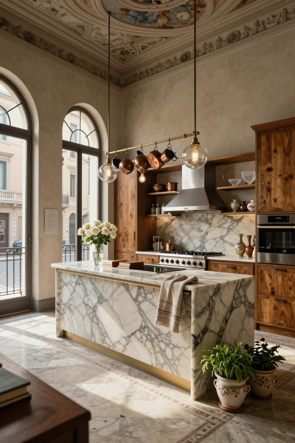 Small Cottage Kitchen Ideas featuring Calacatta Lincoln marble and Poliform cabinetry