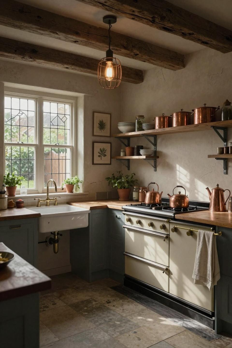 Small Vintage Kitchen with reclaimed oak beams and checkerboard limestone flooring