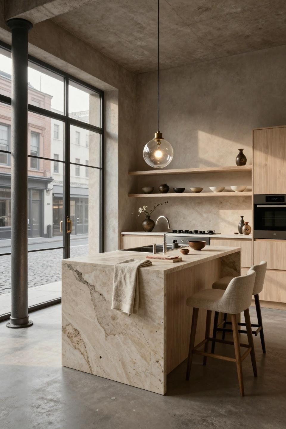 Tiny Cottage Kitchen with Jerusalem limestone island and Japanese ceramics