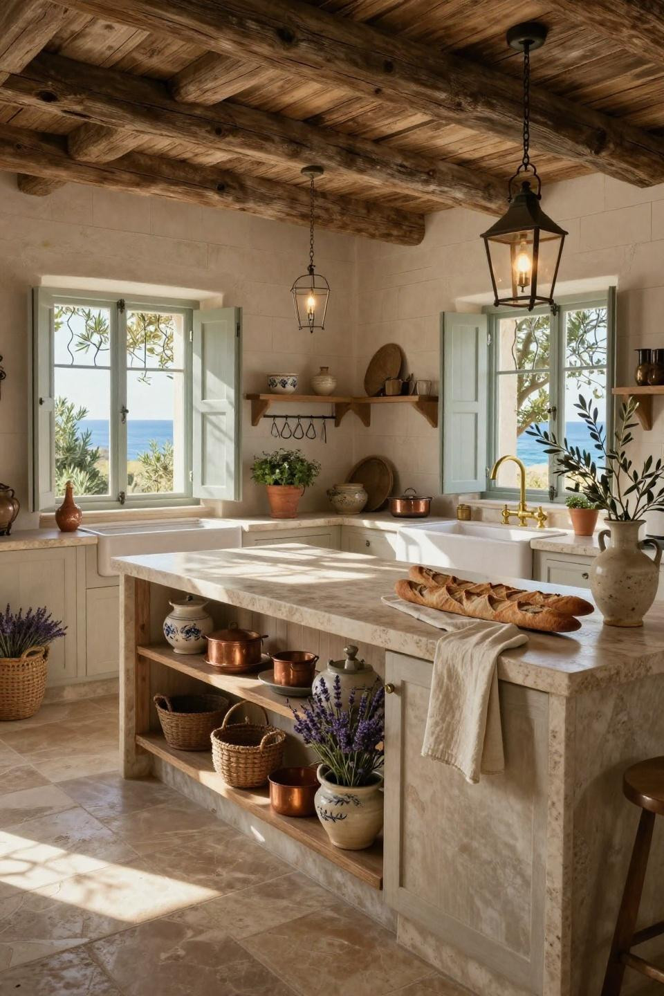 Farmhouse Small Kitchen Ideas with limestone island and brass fixtures