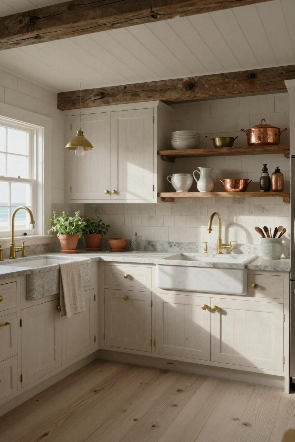 Cozy Farmhouse Kitchen with shaker cabinetry and unlacquered brass hardware