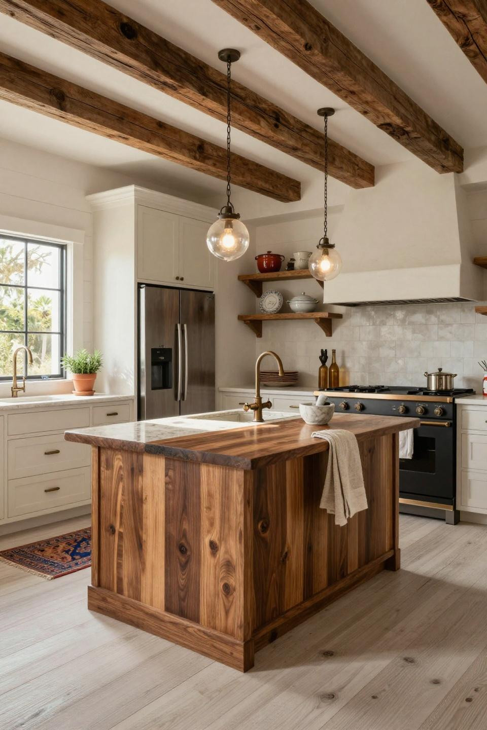 Tiny Kitchen Ideas Layout with walnut butcher block island and travertine