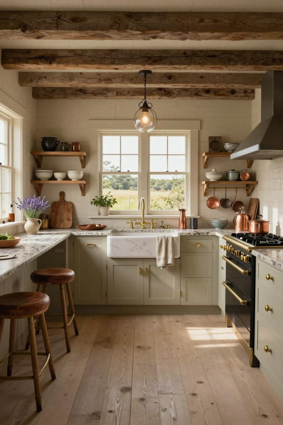 Small Country Kitchen Ideas with soapstone sink and reclaimed oak beams