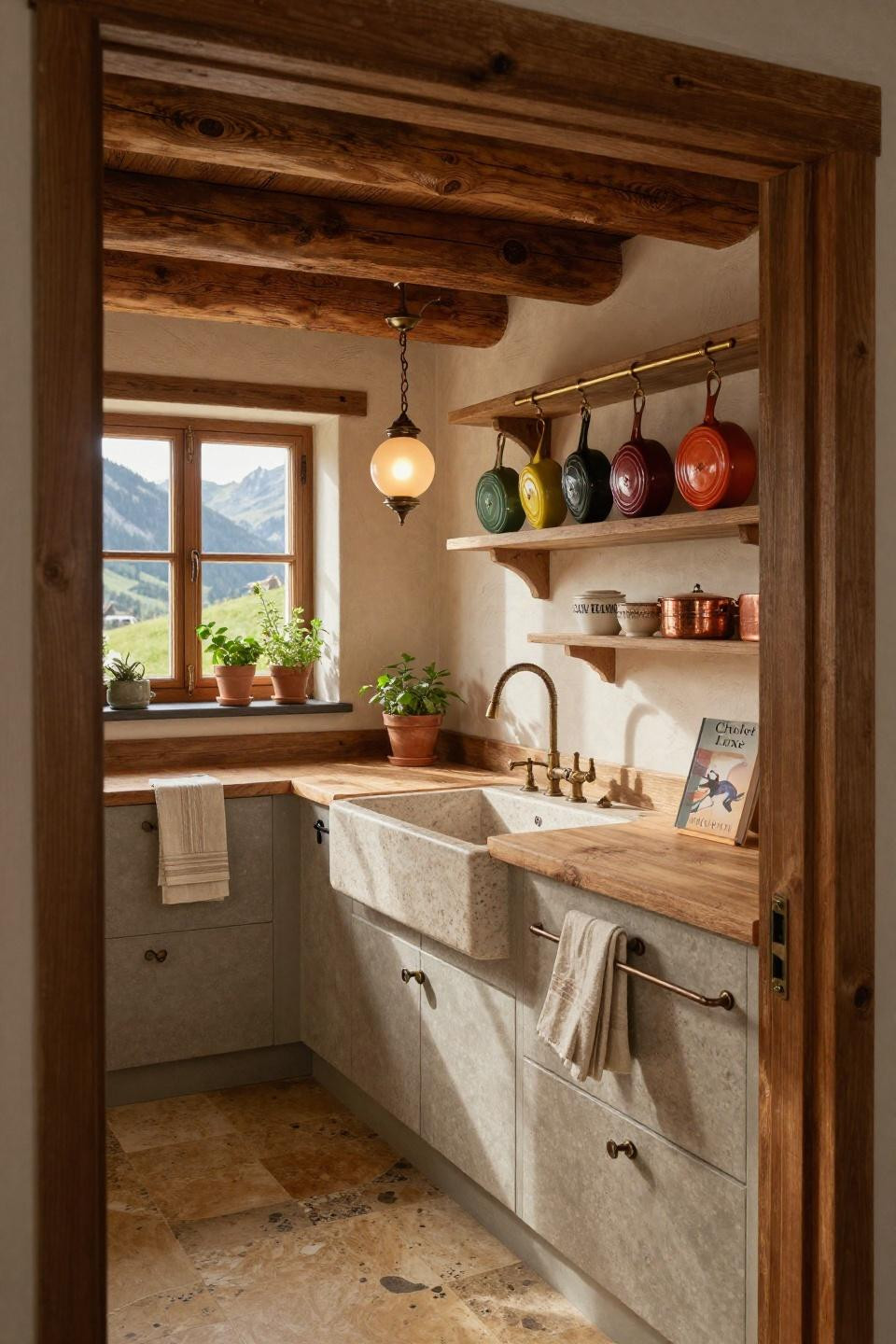 Small Cozy Kitchen with travertine sink and reclaimed timber beams
