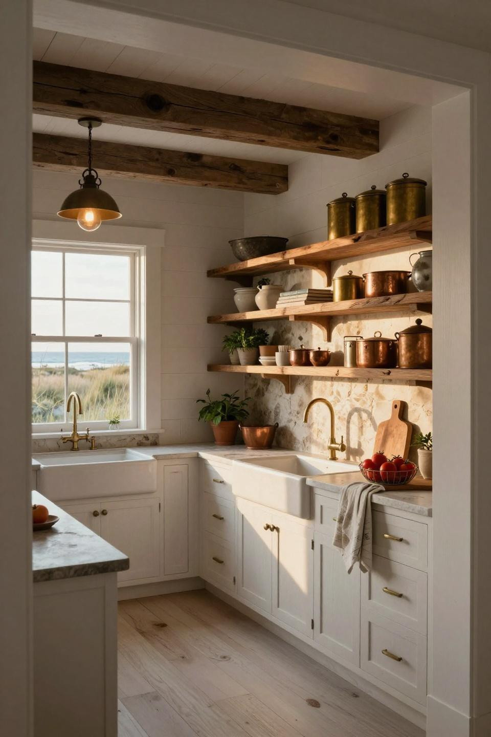 Small Cottage Kitchen Ideas with barn wood floating shelves and limestone