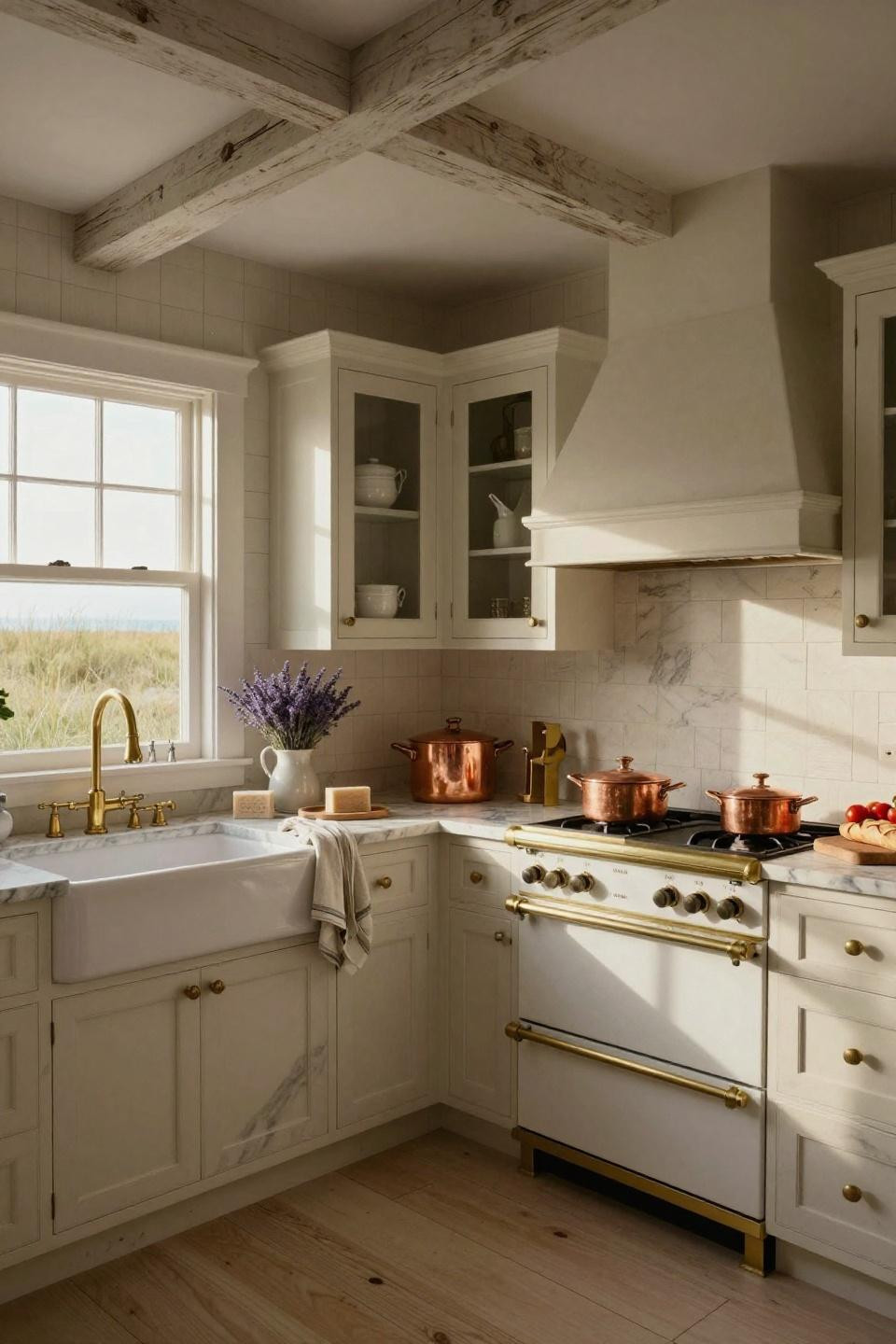 Tiny Farmhouse Kitchen with Calacatta Gold marble countertops and brass fixtures