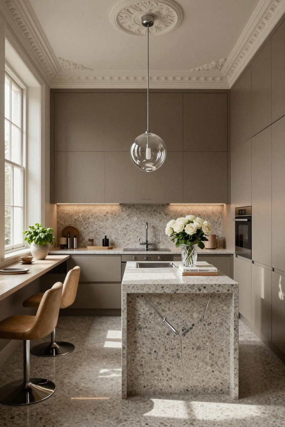 Kitchen design for small space featuring custom terrazzo waterfall and Dornbracht chrome