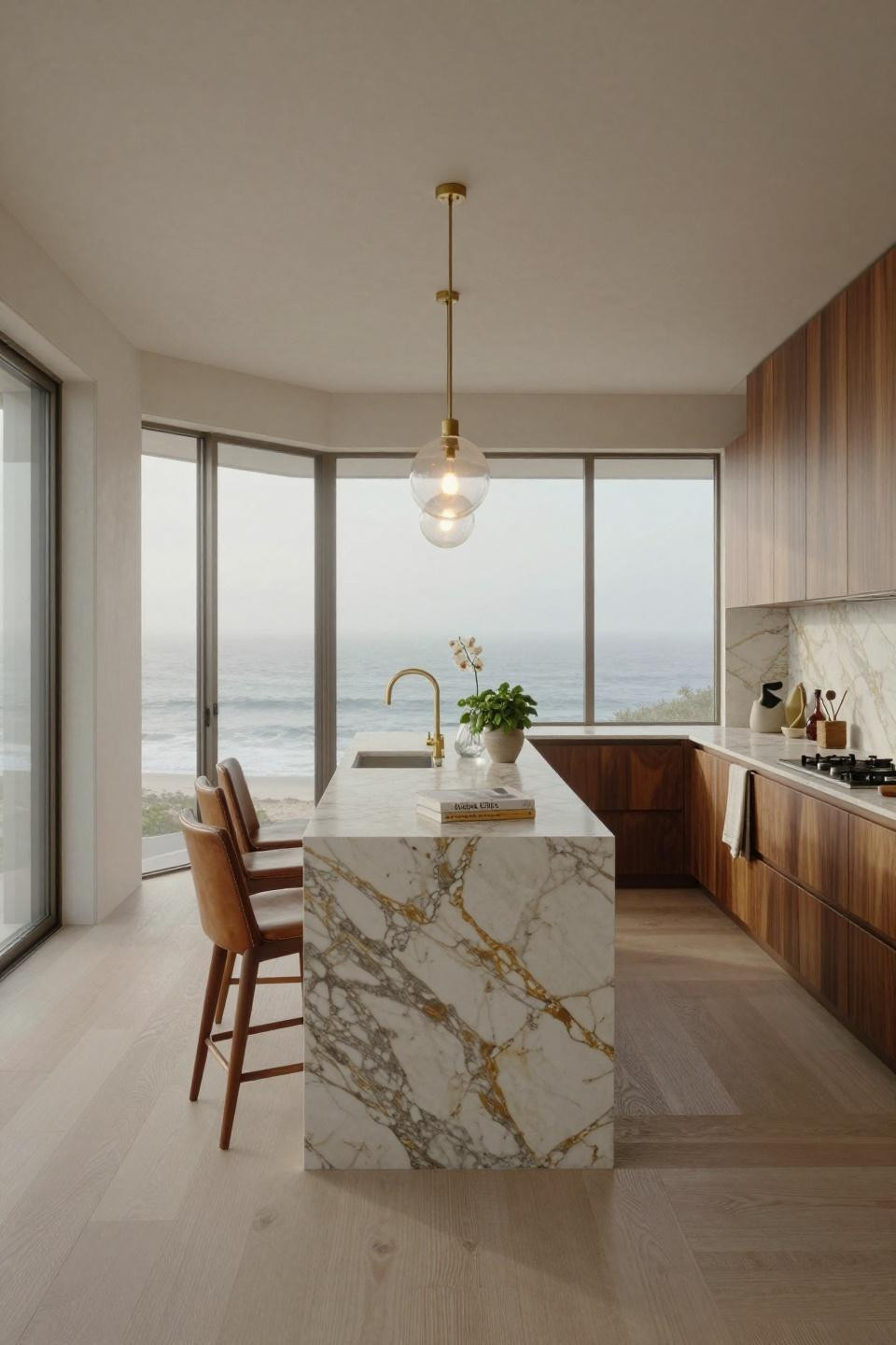 Tiny kitchen ideas layout featuring Calacatta Gold waterfall and Fleetwood bronze windows