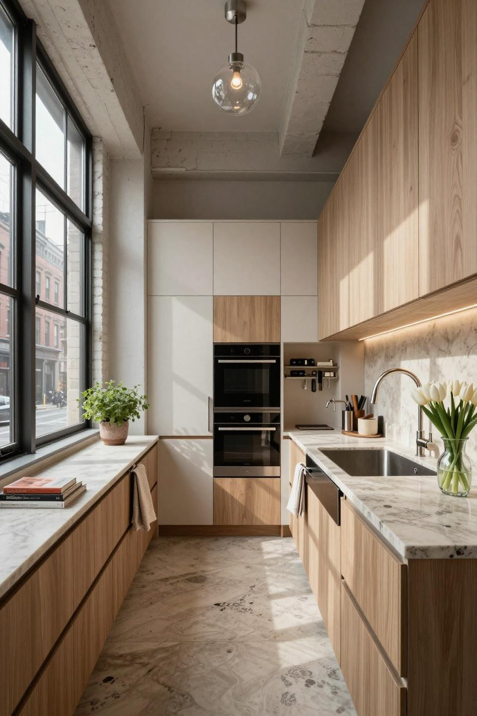 Extra small kitchen ideas with floor-to-ceiling custom millwork and honed limestone
