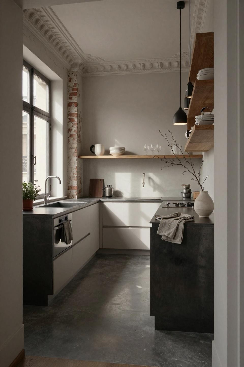 Smallest kitchen ideas featuring blackened steel countertops and white oak cabinetry