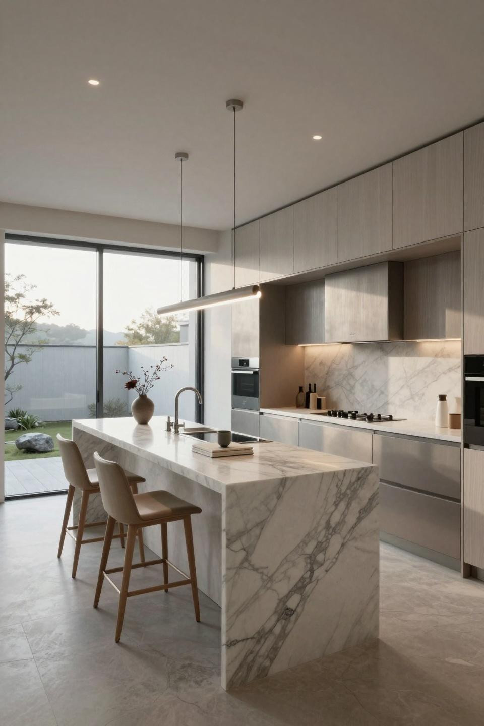 Mini kitchen ideas small spaces with cantilevered Calacatta marble and platinum cabinetry