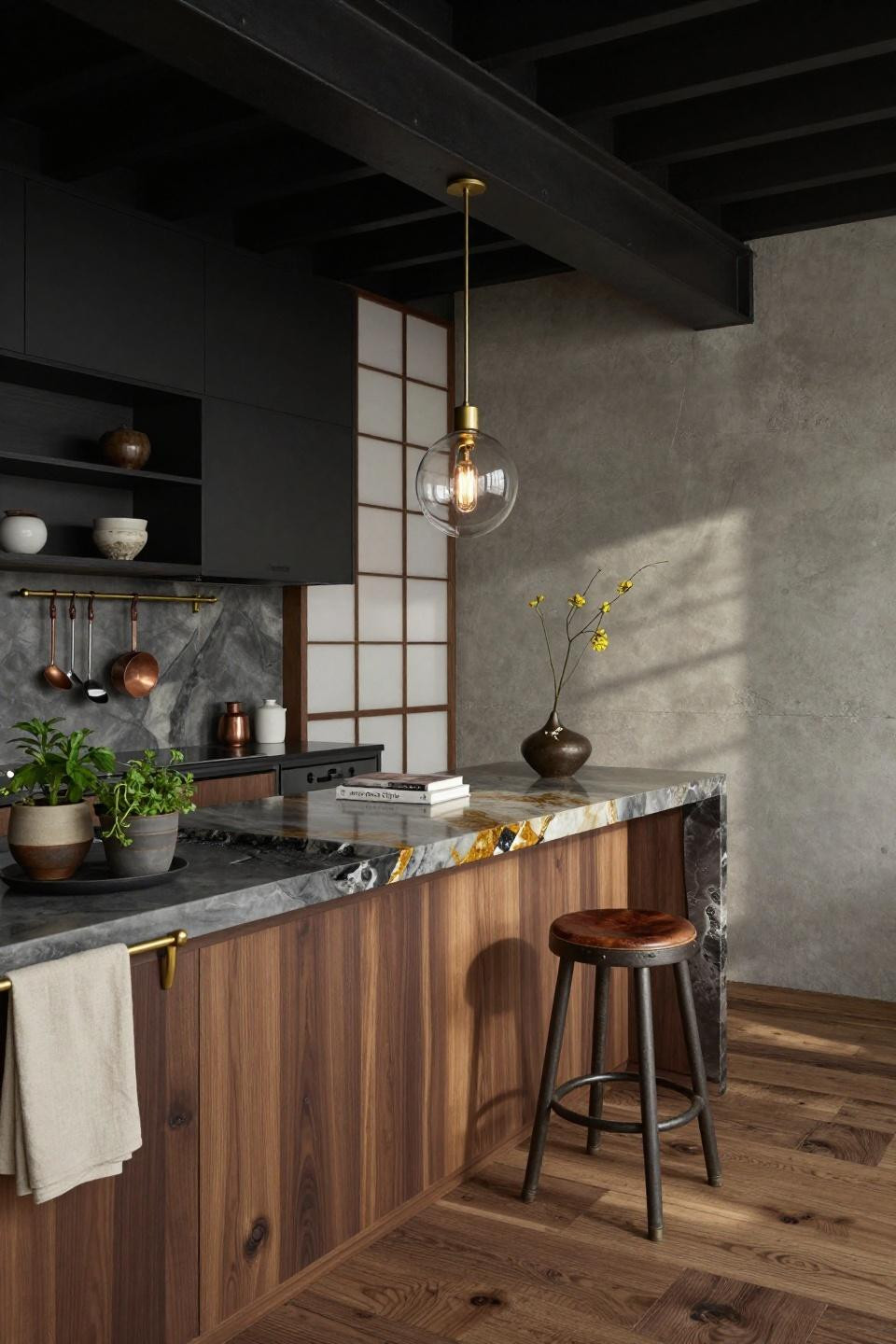 Very small kitchen ideas tiny houses featuring polished onyx and blackened steel frames