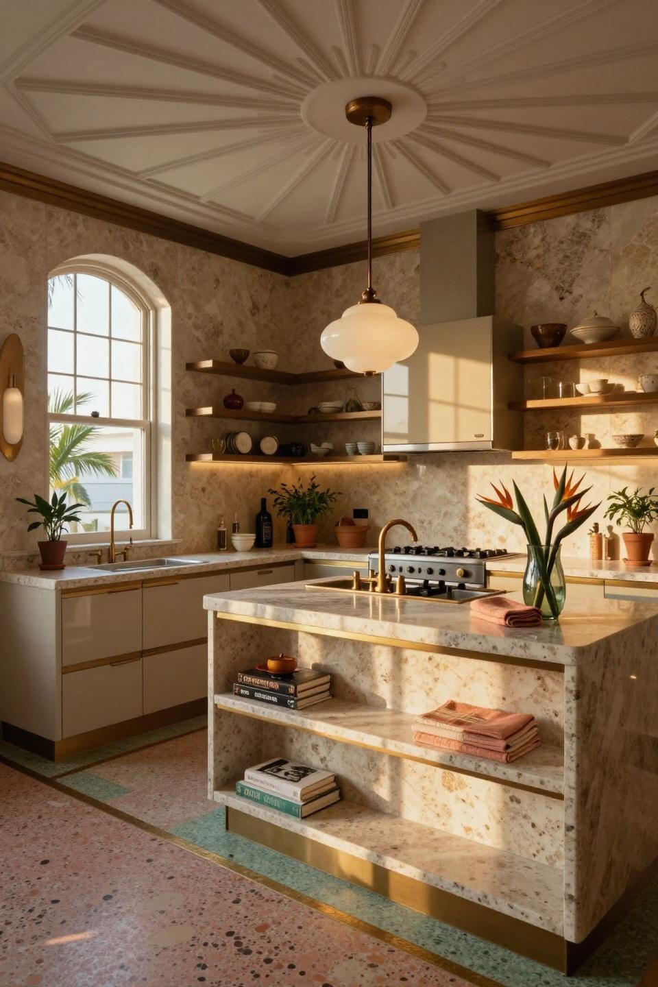 Small functional kitchen with travertine stone waterfall and aged bronze fixtures