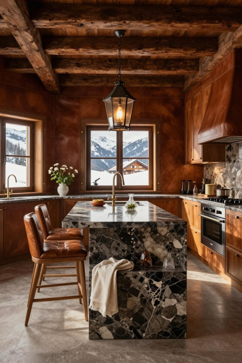 Small kitchen ideas on a budget simple featuring Nero Marquina and cognac leather paneling
