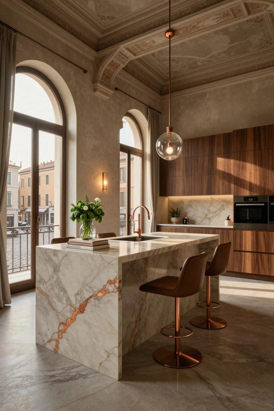 Kitchen design for small space featuring book-matched quartzite and Dornbracht copper