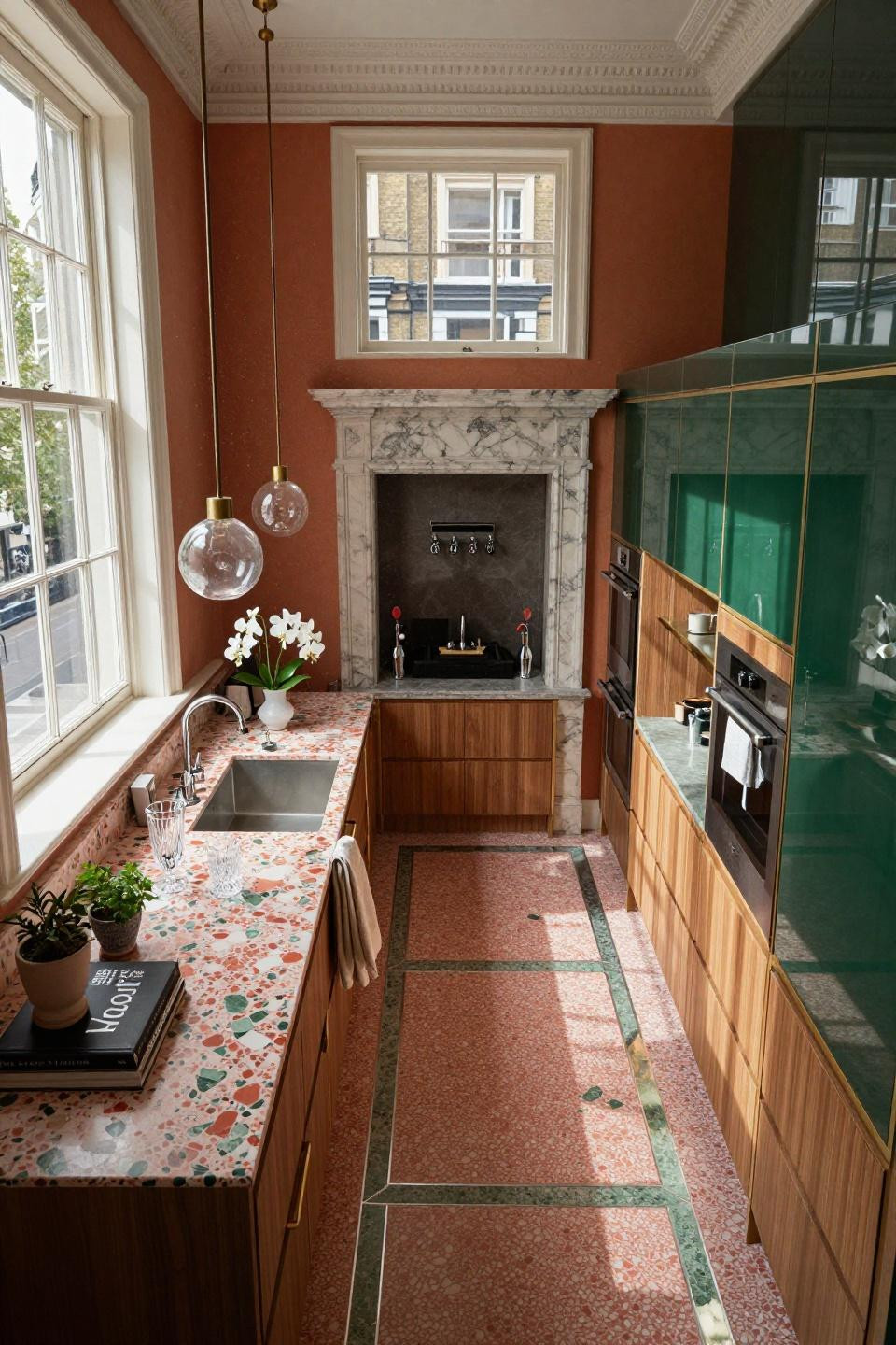 Tiny kitchen ideas layout with custom terrazzo and Kelly Wearstler lacquer technique