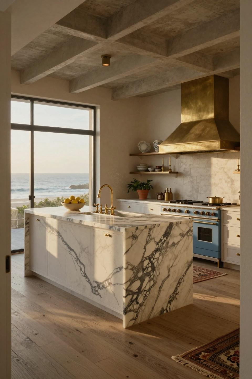 Extra small kitchen ideas featuring Calacatta Gold marble and unlacquered brass