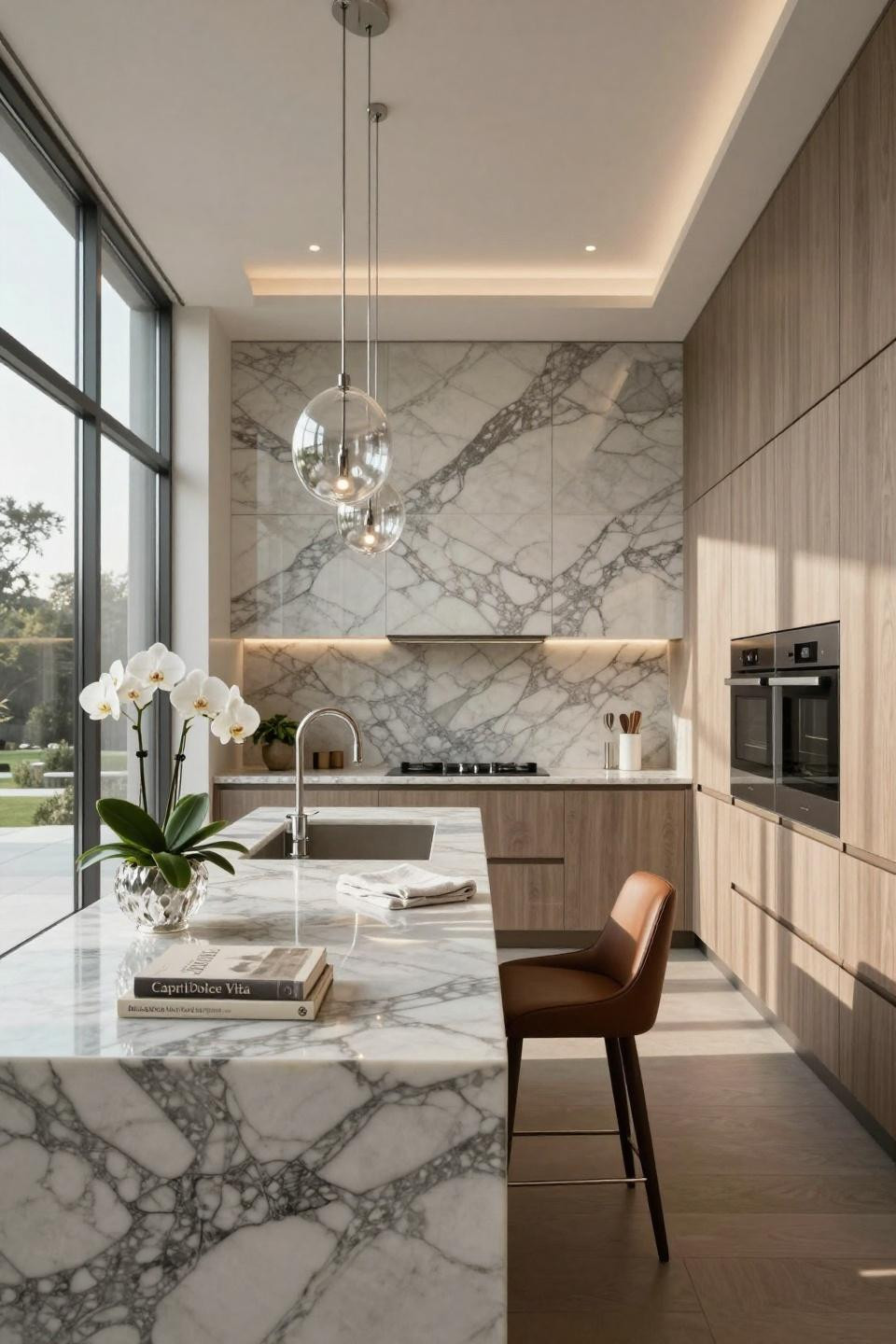 Mini kitchen ideas small spaces featuring Calacatta porcelain and Dornbracht platinum
