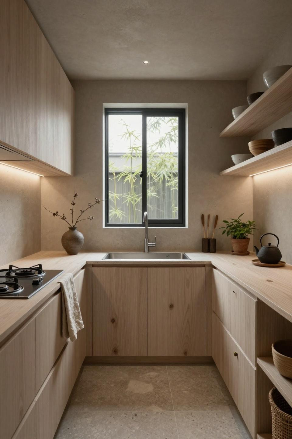 Tiny kitchen ideas on a budget with cerused white oak and honed limestone