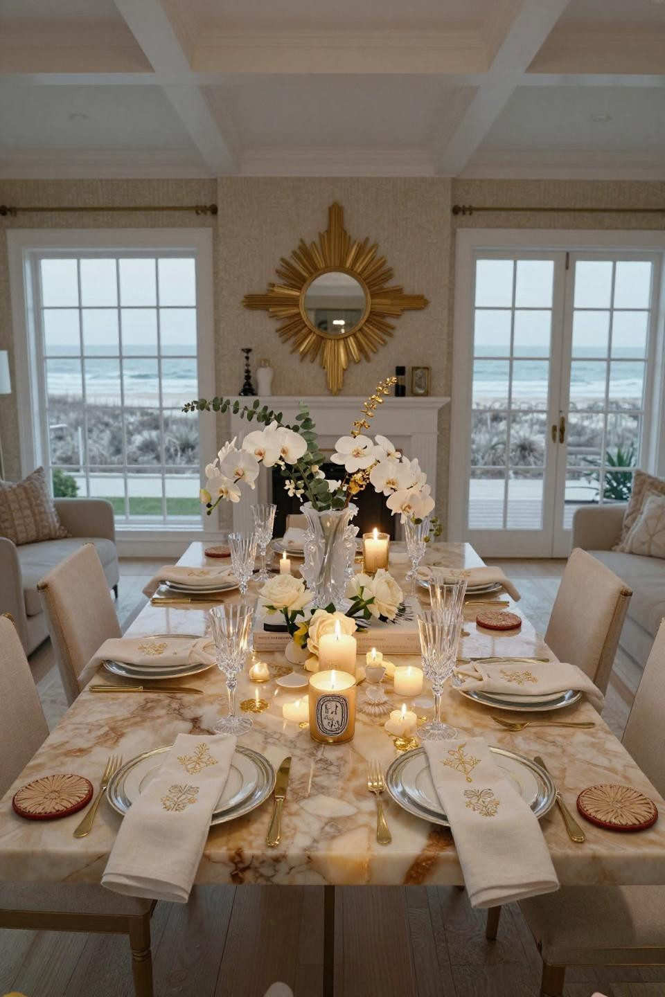 New year decorations ideas overhead flat-lay with backlit honey onyx and Baccarat crystal styling