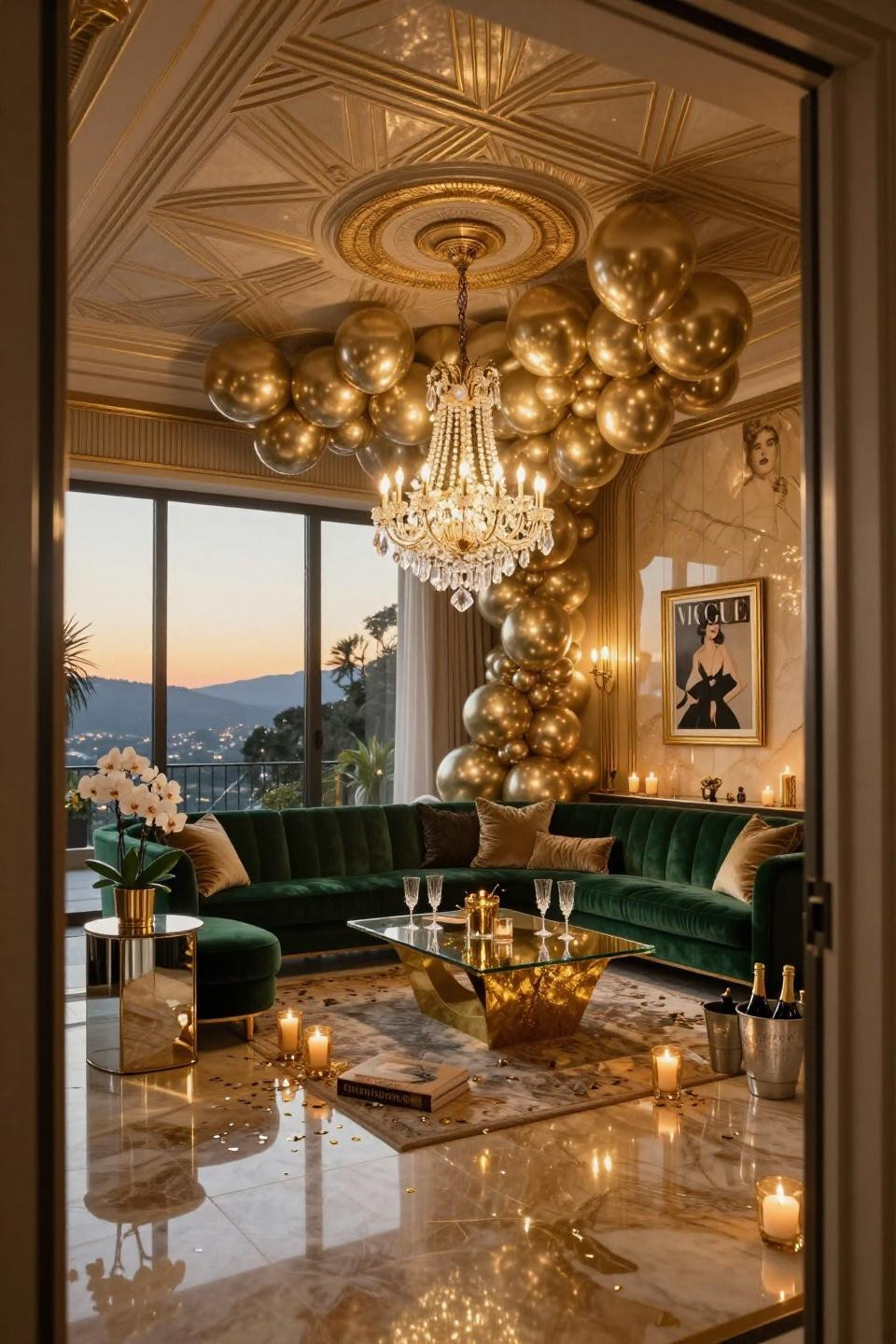 New year party decorations featuring champagne gold balloons with restored 1920s Baccarat chandelier